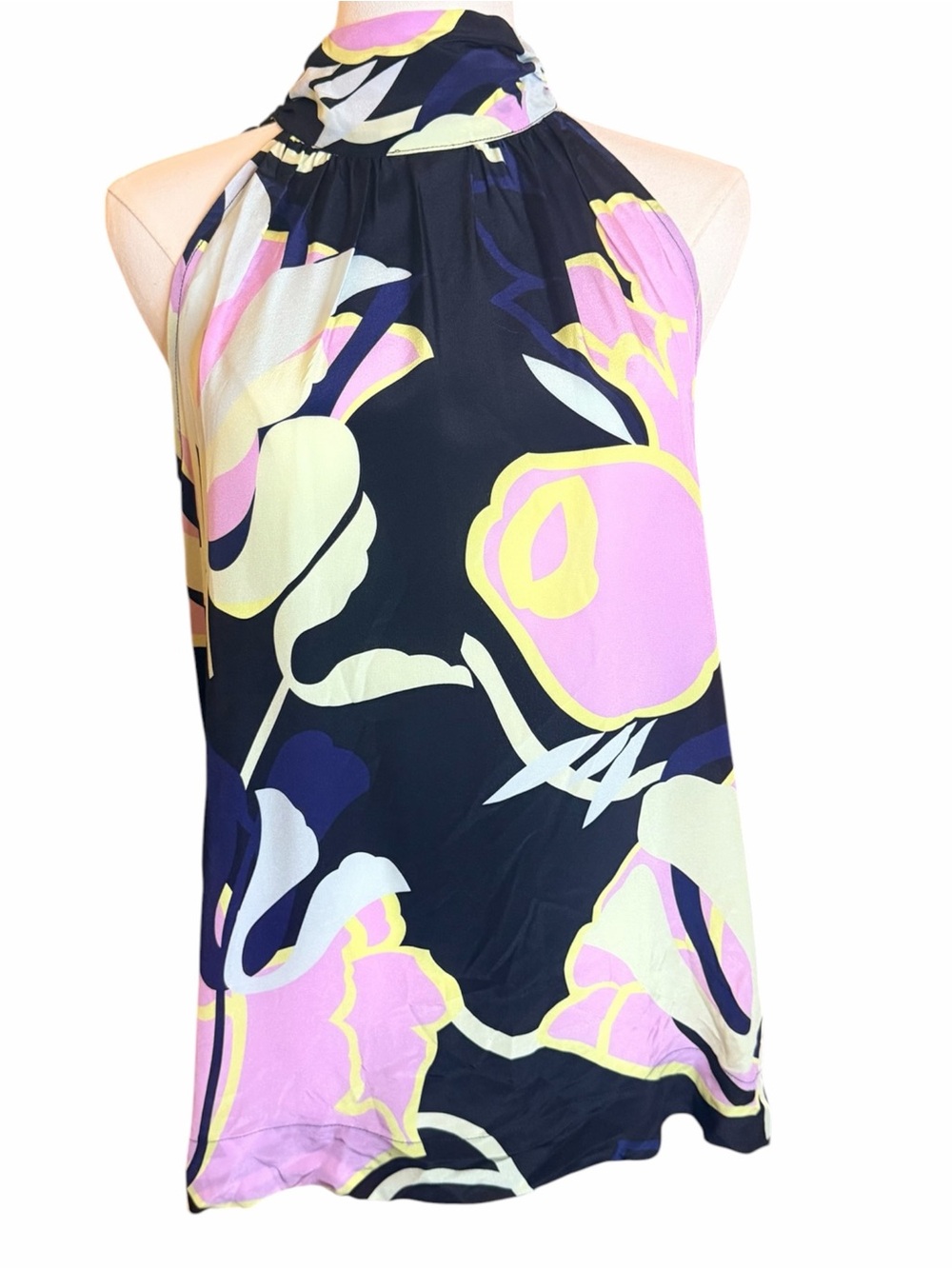 Ellie Kai 100% Silk Halter Blouse Abstract Floral Print Tie Neck Medium